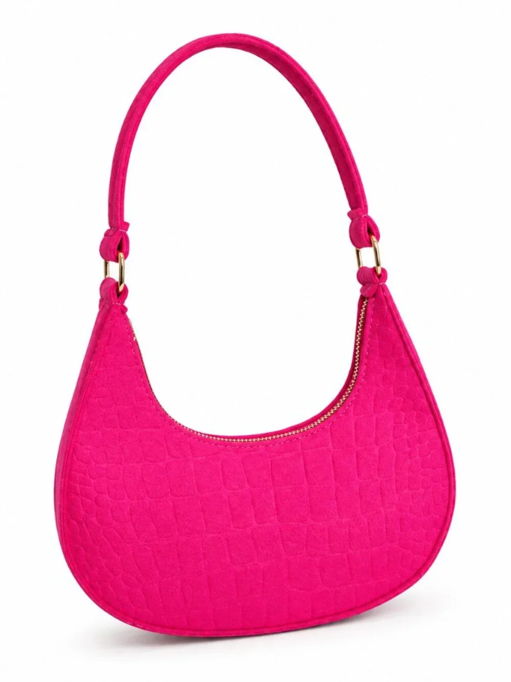 Pink Croc Embossed Felt Crescent Shoulder Bag Gold Hardware Mini Hobo Purse NEW